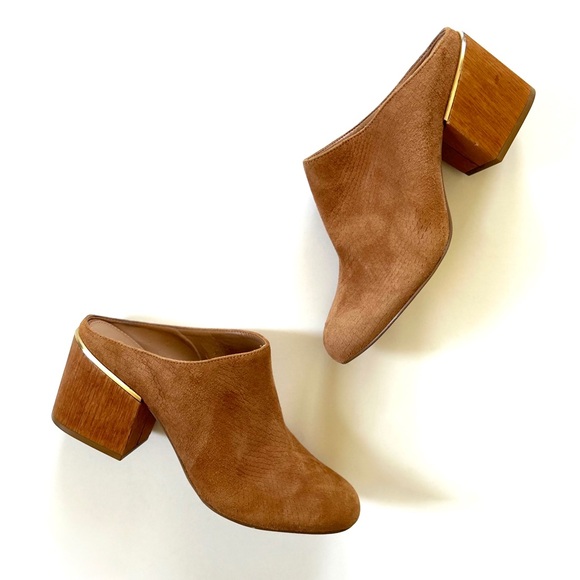 Calvin Klein Shoes - Calvin Klein Cognac Brown Leather Suede Snakeskin Embossed Heeled Judia Mules